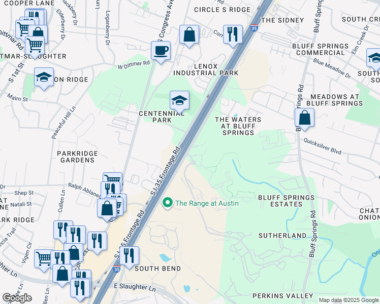map of restaurants, bars, coffee shops, grocery stores, and more near 8003 North Interstate 35 Frontage Road in Austin