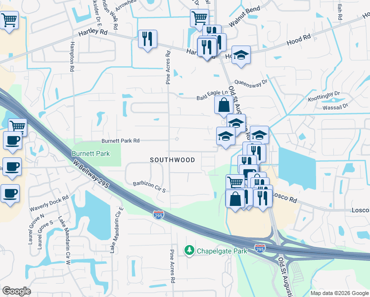 map of restaurants, bars, coffee shops, grocery stores, and more near 4015 Livingston Road in Jacksonville