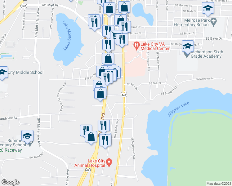 map of restaurants, bars, coffee shops, grocery stores, and more near 161 Southwest Crescent Street in Lake City