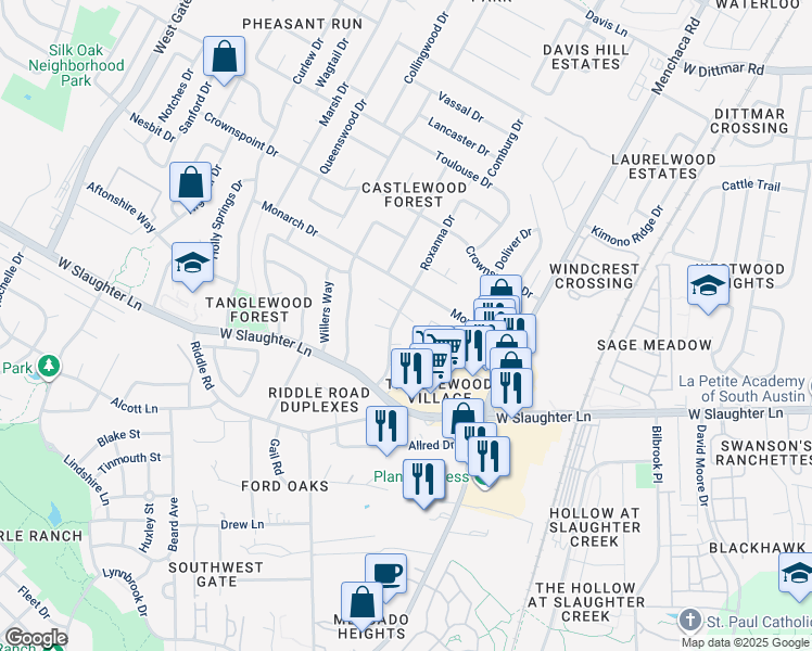 map of restaurants, bars, coffee shops, grocery stores, and more near 2207 Leah Cove in Austin