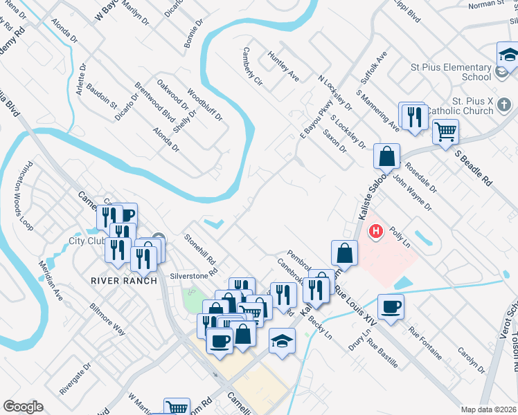 map of restaurants, bars, coffee shops, grocery stores, and more near 1405 East Bayou Parkway in Lafayette