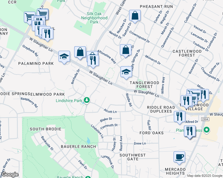 map of restaurants, bars, coffee shops, grocery stores, and more near 2717 West Slaughter Lane in Austin