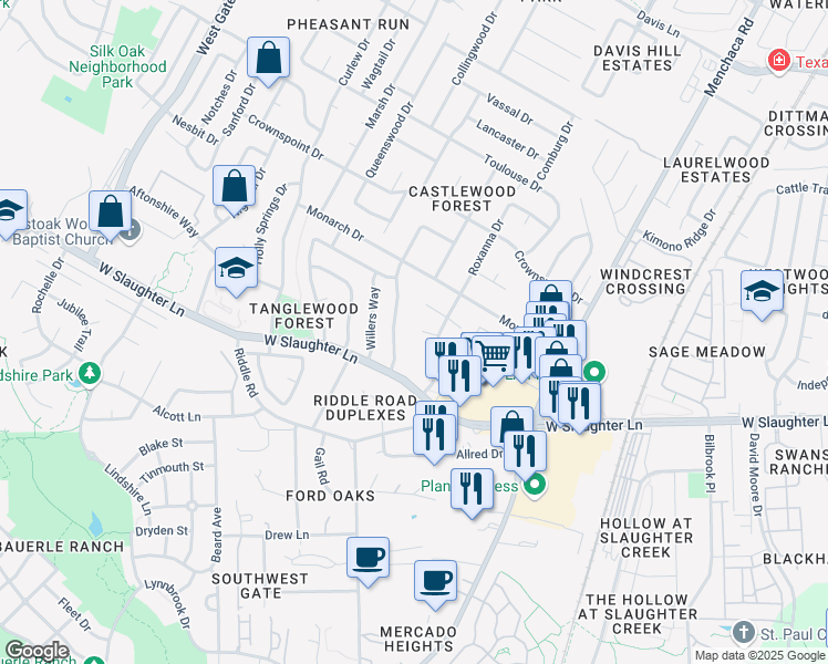 map of restaurants, bars, coffee shops, grocery stores, and more near 2308 Cedrick Cove in Austin