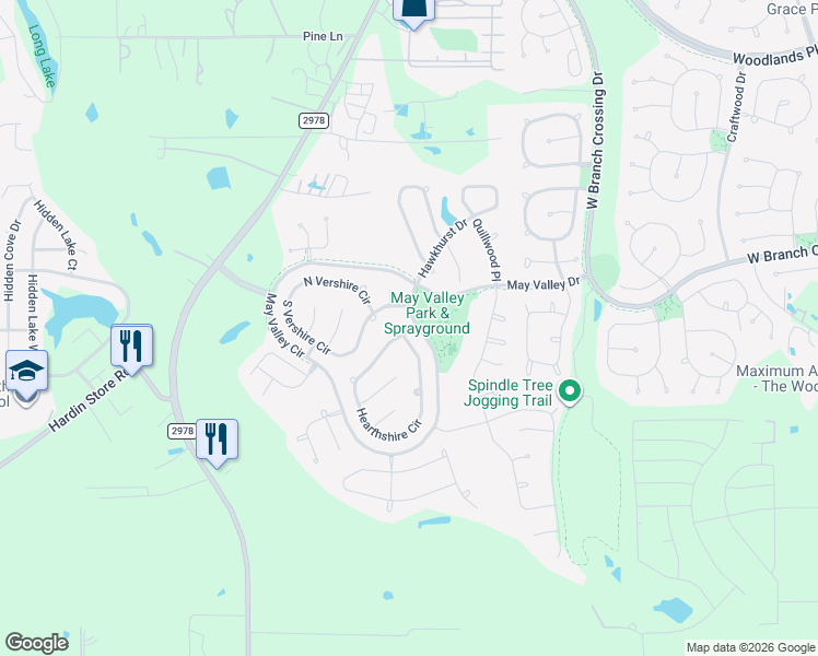 map of restaurants, bars, coffee shops, grocery stores, and more near Hearthshire Drive in Magnolia