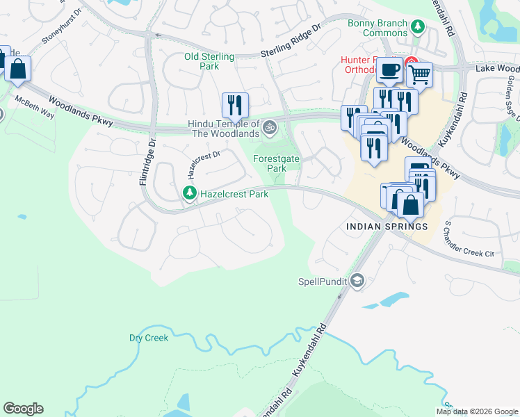 map of restaurants, bars, coffee shops, grocery stores, and more near 170 East Bracebridge Circle in Spring