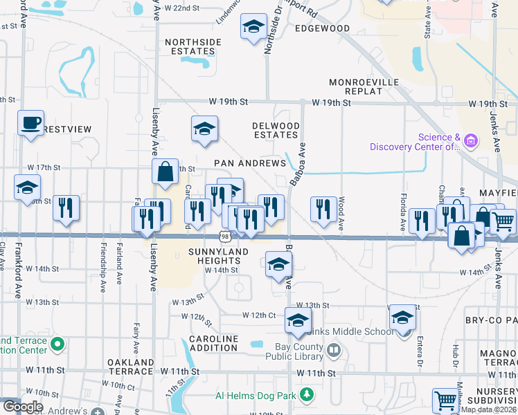 map of restaurants, bars, coffee shops, grocery stores, and more near 1524 Degama Avenue in Panama City
