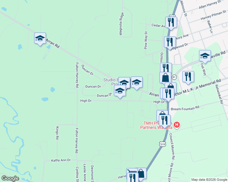 map of restaurants, bars, coffee shops, grocery stores, and more near 127 Duncan Drive in Crawfordville