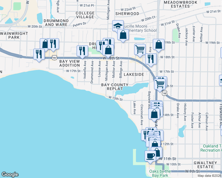 map of restaurants, bars, coffee shops, grocery stores, and more near 1520 Michigan Avenue in Panama City
