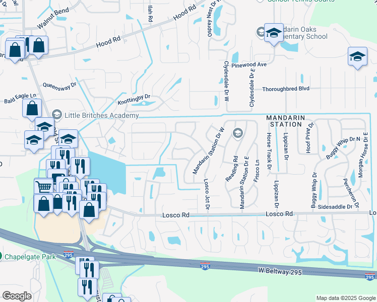 map of restaurants, bars, coffee shops, grocery stores, and more near 10930 Grand Trunk Lane in Jacksonville