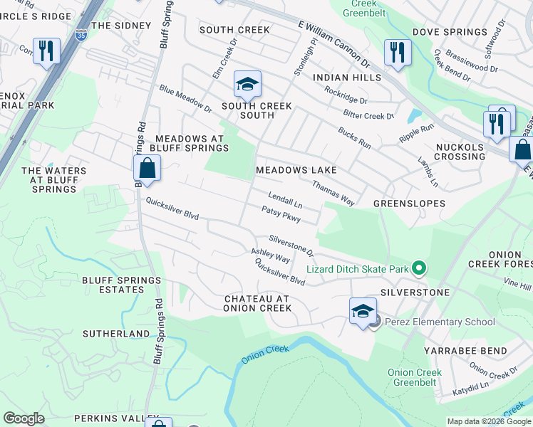 map of restaurants, bars, coffee shops, grocery stores, and more near 2505 Patsy Parkway in Austin