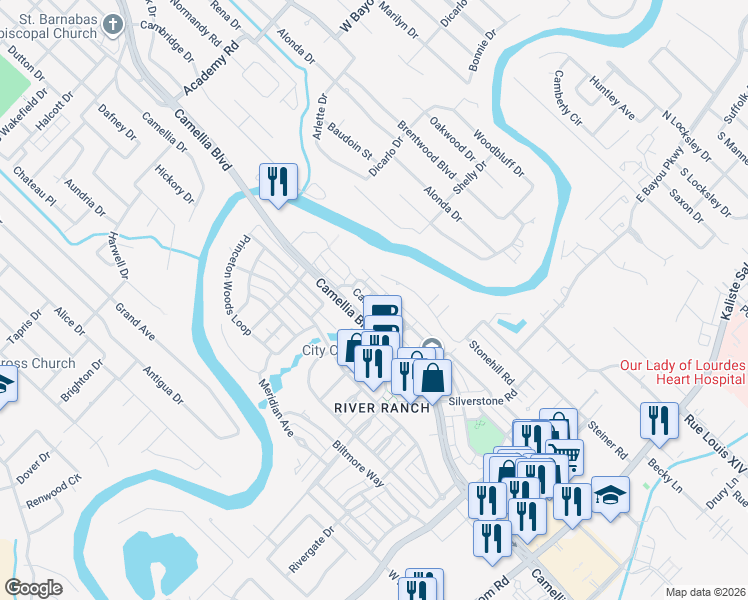 map of restaurants, bars, coffee shops, grocery stores, and more near 102 Littleton Boulevard in Lafayette