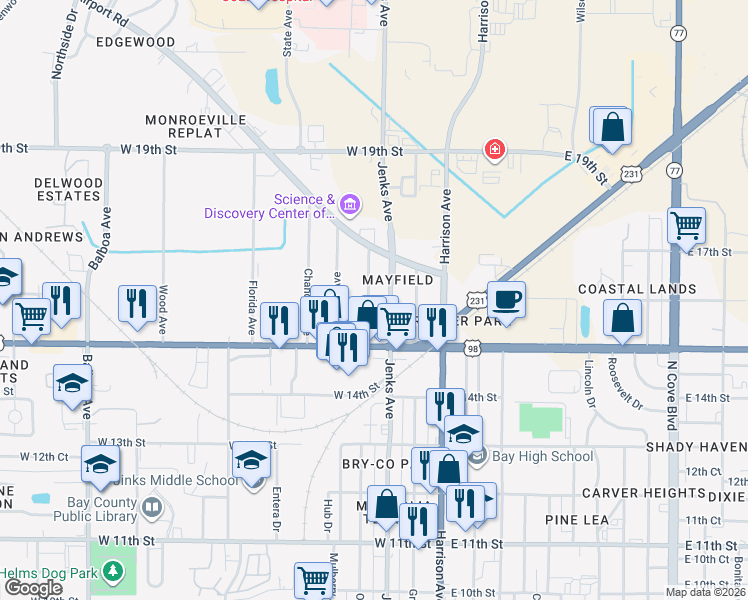 map of restaurants, bars, coffee shops, grocery stores, and more near 1527 Oak Avenue in Panama City