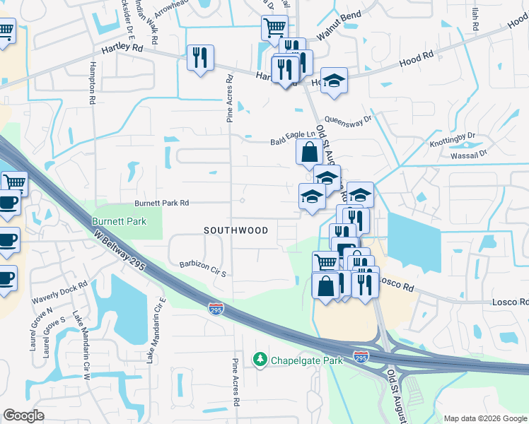 map of restaurants, bars, coffee shops, grocery stores, and more near 4015 Livingston Road in Jacksonville