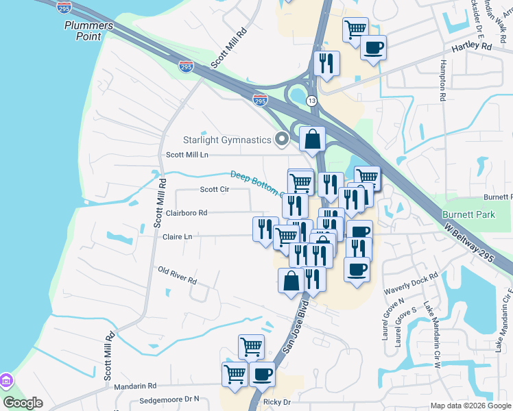 map of restaurants, bars, coffee shops, grocery stores, and more near 2963 Clairboro Road in Jacksonville