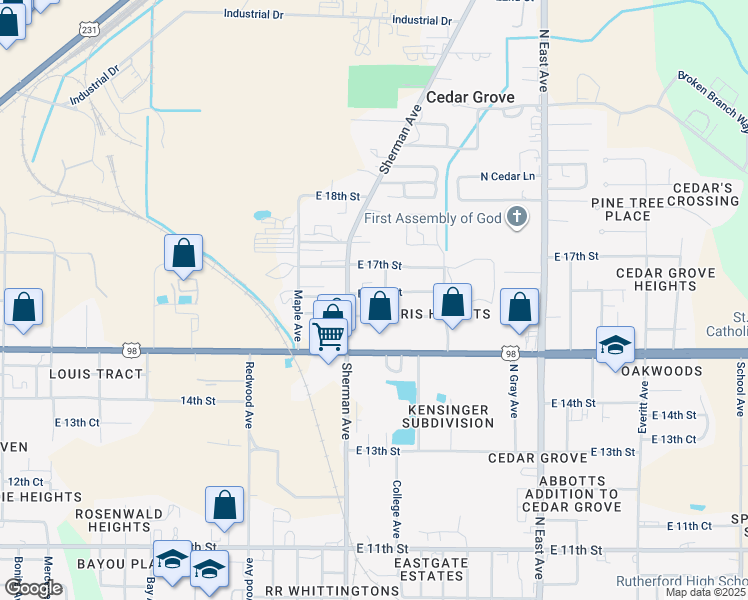 map of restaurants, bars, coffee shops, grocery stores, and more near 2330 East 16th Court in Panama City