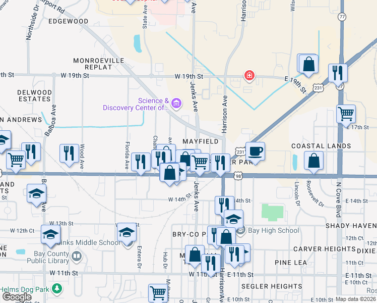 map of restaurants, bars, coffee shops, grocery stores, and more near 1527 Oak Avenue in Panama City