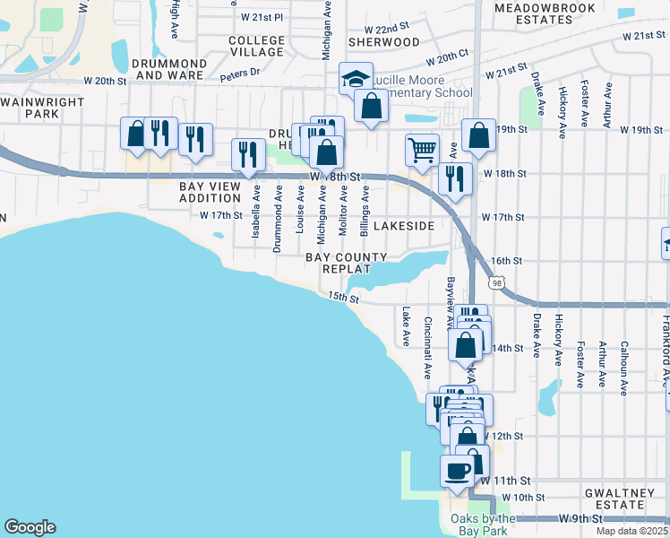 map of restaurants, bars, coffee shops, grocery stores, and more near 1520 Michigan Avenue in Panama City