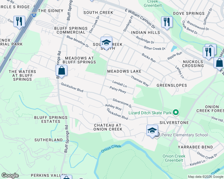 map of restaurants, bars, coffee shops, grocery stores, and more near 2505 Patsy Parkway in Austin