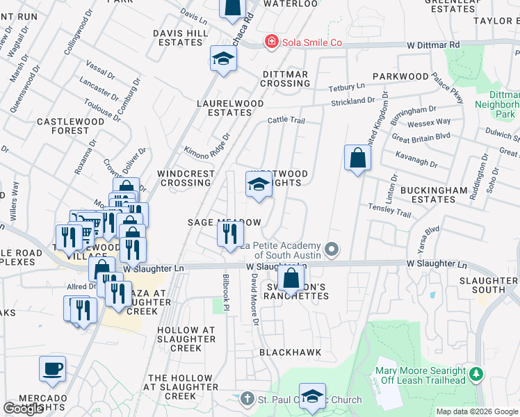 map of restaurants, bars, coffee shops, grocery stores, and more near 9109 Jesse James Dr in Austin