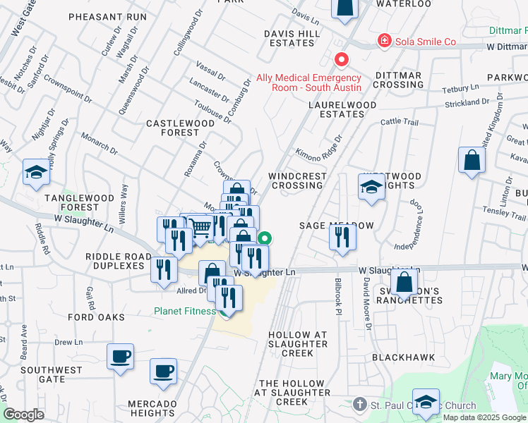map of restaurants, bars, coffee shops, grocery stores, and more near 9503 Manchaca Road in Austin
