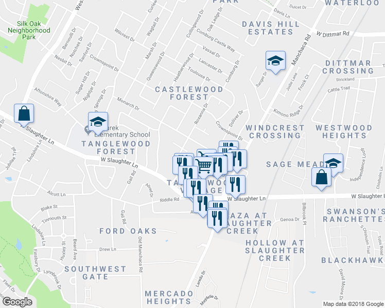 map of restaurants, bars, coffee shops, grocery stores, and more near 2207 Leah Cove in Austin