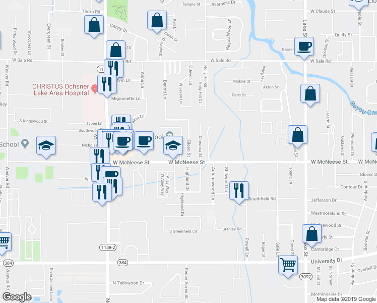 map of restaurants, bars, coffee shops, grocery stores, and more near 4412 Eileen Street in Lake Charles