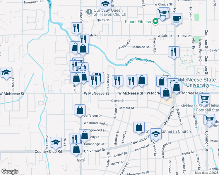map of restaurants, bars, coffee shops, grocery stores, and more near 4427 Pleasant Dr in Lake Charles