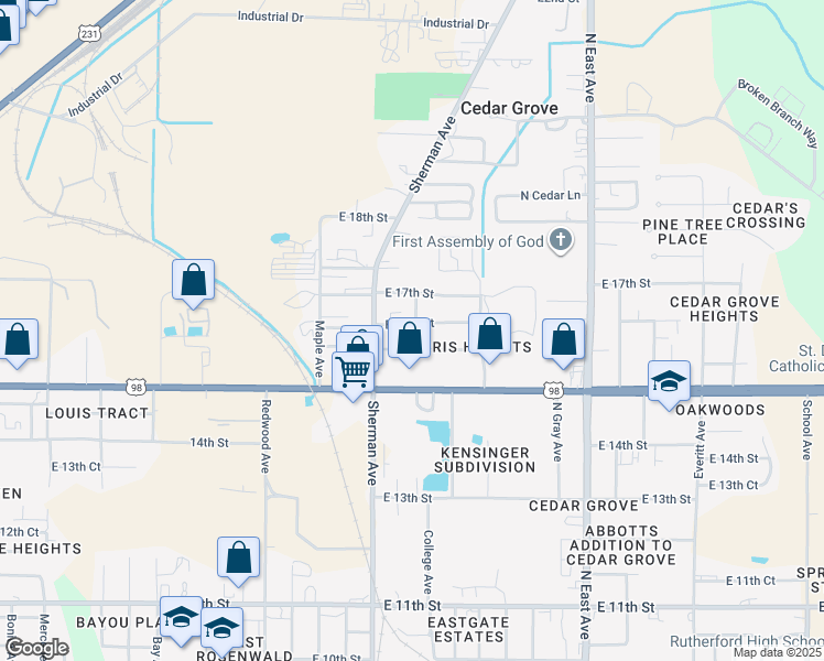 map of restaurants, bars, coffee shops, grocery stores, and more near 2330 East 16th Court in Panama City