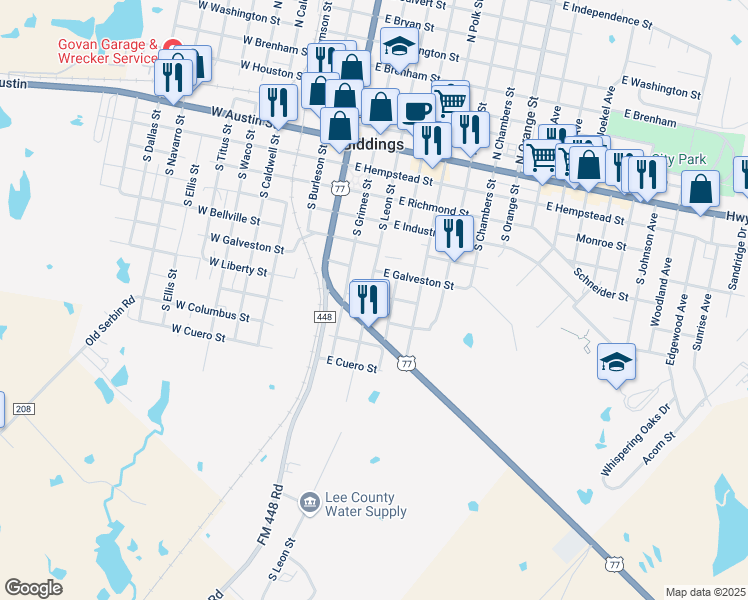 map of restaurants, bars, coffee shops, grocery stores, and more near 710 South Leon Street in Giddings
