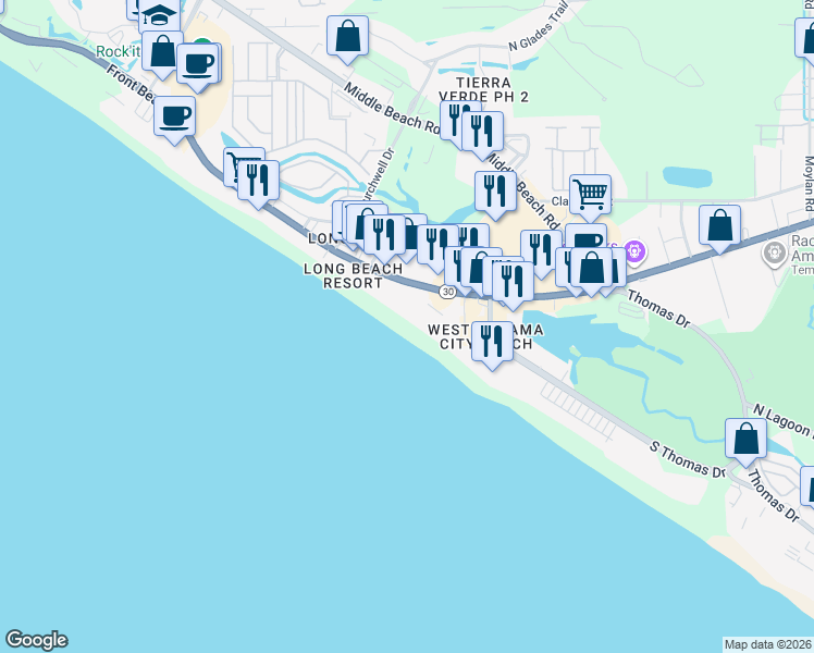 map of restaurants, bars, coffee shops, grocery stores, and more near 10517 Front Beach Road in Panama City Beach
