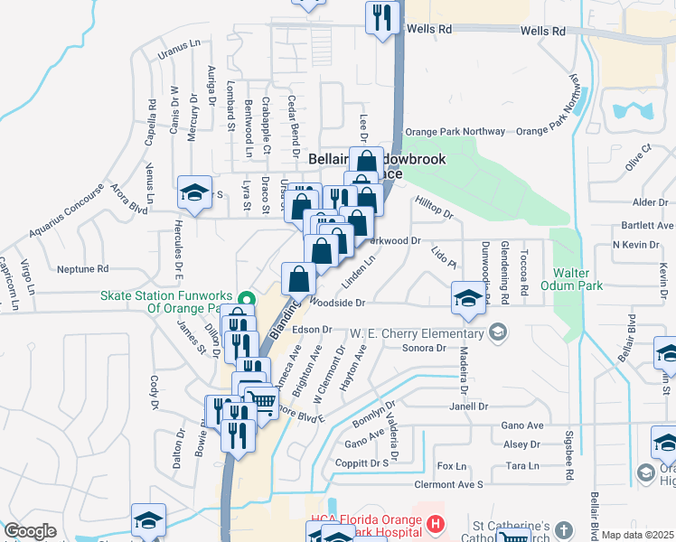 map of restaurants, bars, coffee shops, grocery stores, and more near 195 Blanding Boulevard in Orange Park