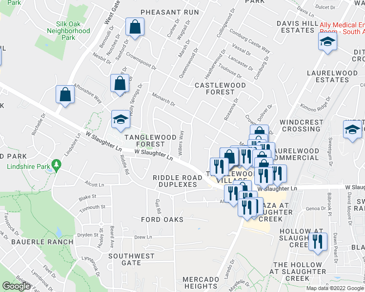 map of restaurants, bars, coffee shops, grocery stores, and more near 9901 Willers Way in Austin