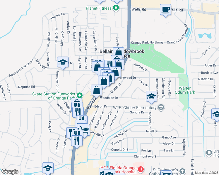 map of restaurants, bars, coffee shops, grocery stores, and more near 195 Blanding Boulevard in Orange Park