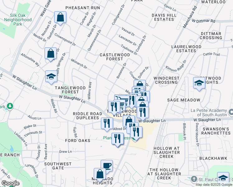 map of restaurants, bars, coffee shops, grocery stores, and more near 2207 Leah Cove in Austin