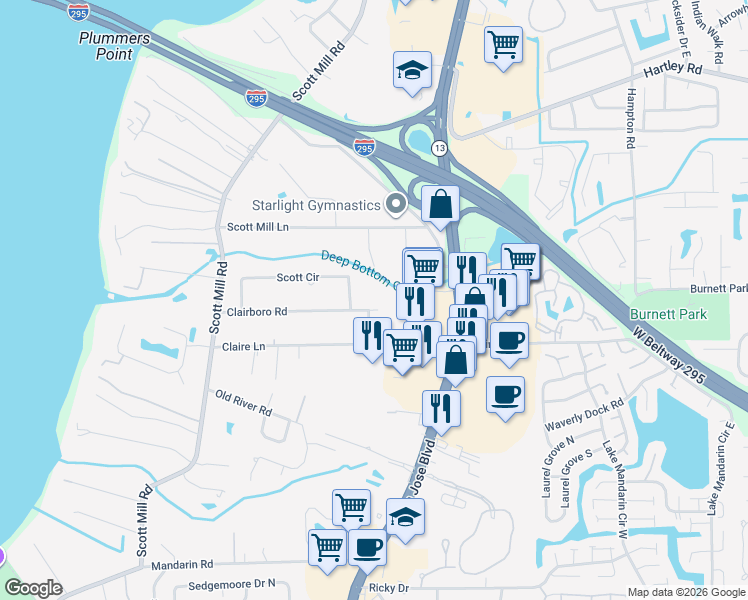 map of restaurants, bars, coffee shops, grocery stores, and more near 2963 Clairboro Road in Jacksonville