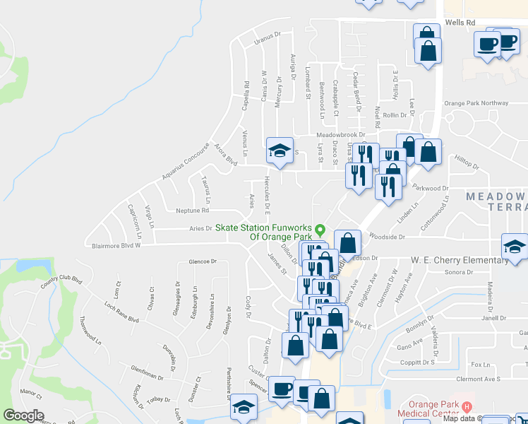 map of restaurants, bars, coffee shops, grocery stores, and more near 137 Hercules Drive East in Orange Park