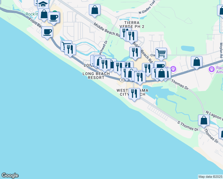 map of restaurants, bars, coffee shops, grocery stores, and more near 10517 Front Beach Road in Panama City Beach