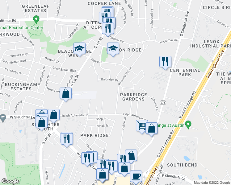 map of restaurants, bars, coffee shops, grocery stores, and more near 8400 Peaceful Hill Lane in Austin
