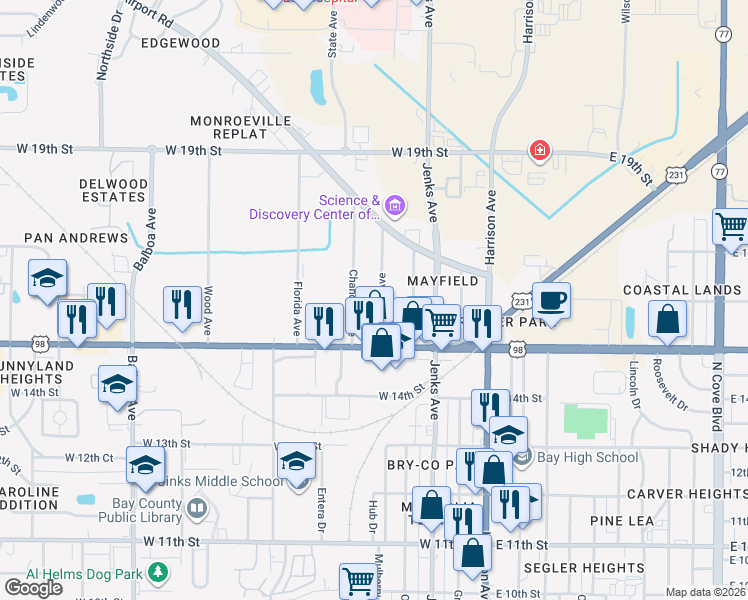 map of restaurants, bars, coffee shops, grocery stores, and more near 1521 Mulberry Ave in Panama City