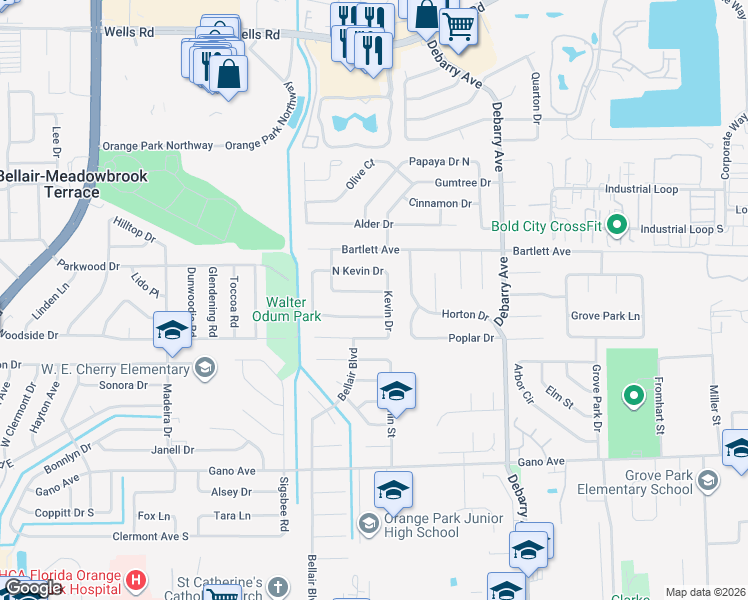 map of restaurants, bars, coffee shops, grocery stores, and more near 1853 Lakotna Drive in Orange Park