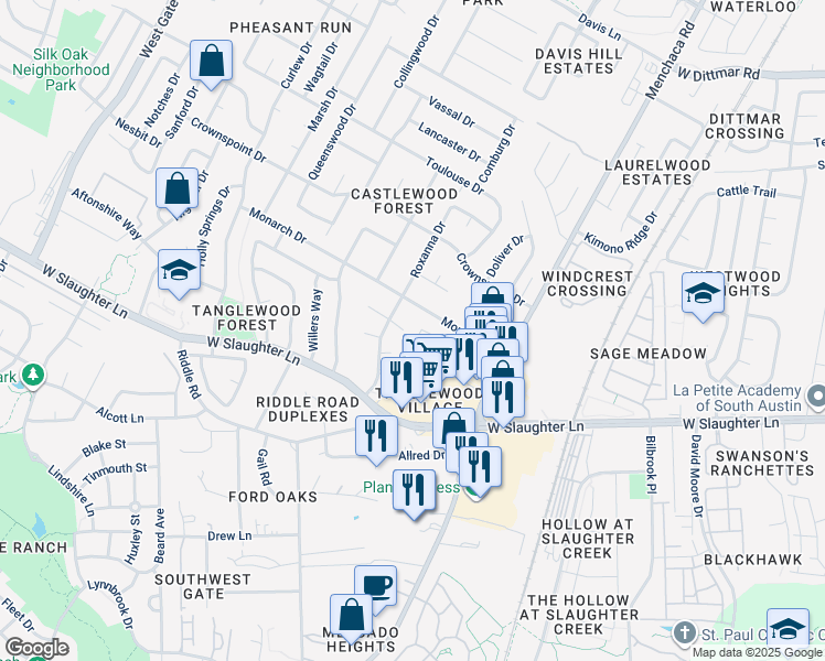 map of restaurants, bars, coffee shops, grocery stores, and more near 2200 Leah Cove in Austin