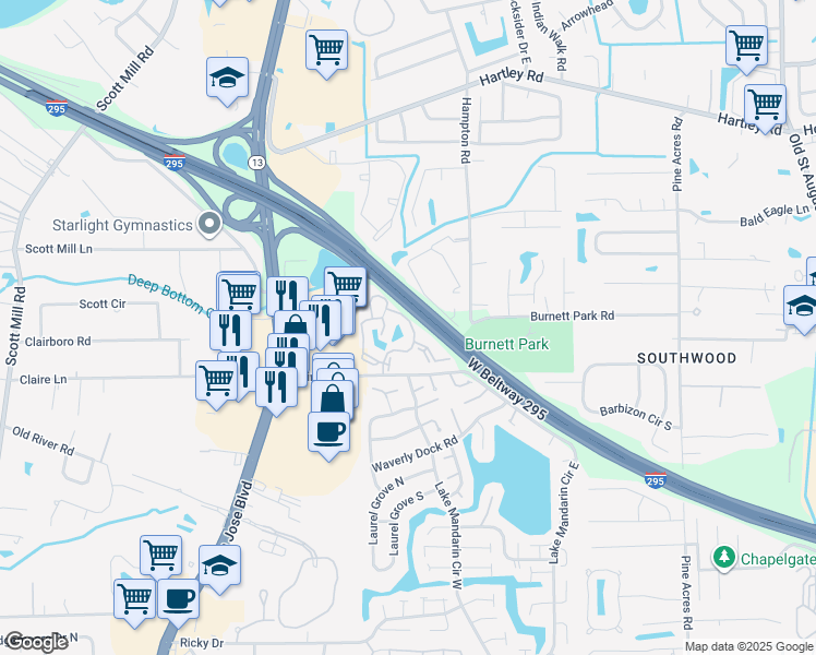 map of restaurants, bars, coffee shops, grocery stores, and more near 3355 Claire Lane in Jacksonville