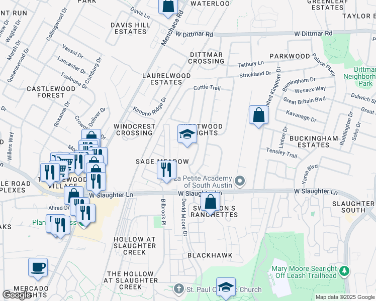 map of restaurants, bars, coffee shops, grocery stores, and more near 9400 Texas Oaks Drive in Austin