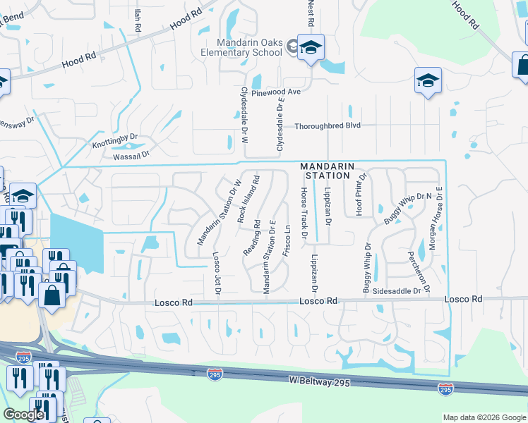 map of restaurants, bars, coffee shops, grocery stores, and more near 10953 Reading Road in Jacksonville