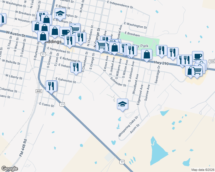 map of restaurants, bars, coffee shops, grocery stores, and more near 976 East Industry Street in Giddings