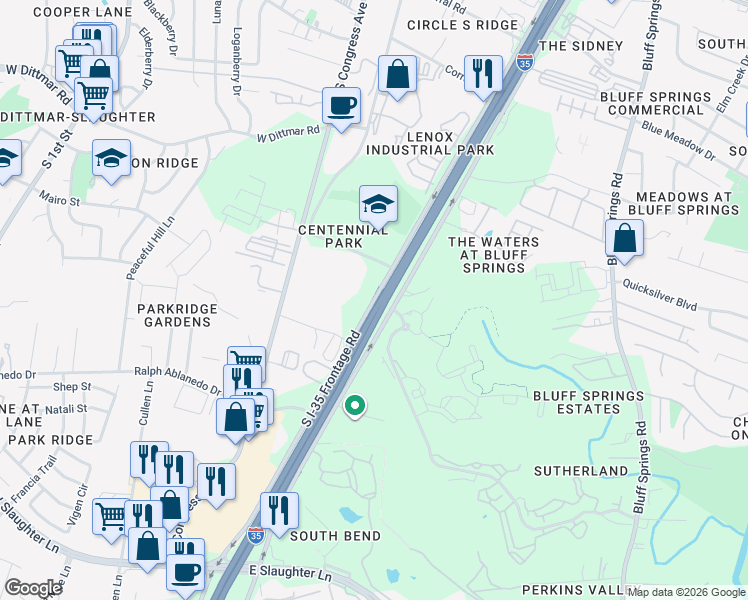 map of restaurants, bars, coffee shops, grocery stores, and more near 8008 South Interstate 35 Frontage Road in Austin