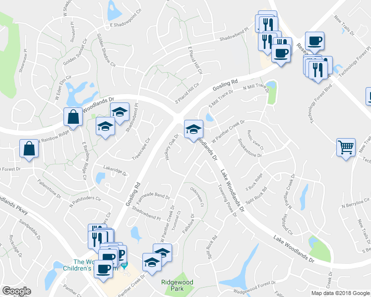 map of restaurants, bars, coffee shops, grocery stores, and more near 11 Meadow Star Court in Spring