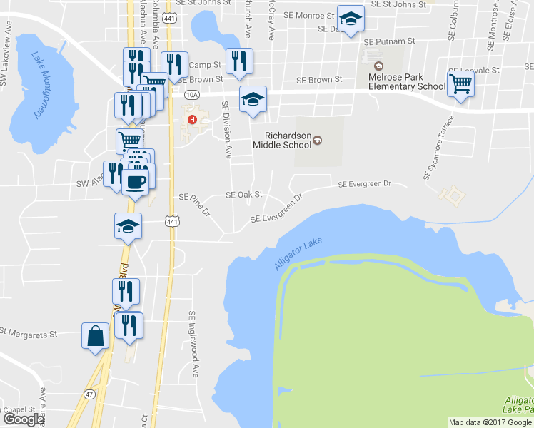 map of restaurants, bars, coffee shops, grocery stores, and more near 473 Southeast Evergreen Drive in Lake City