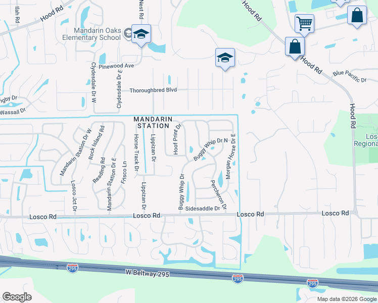 map of restaurants, bars, coffee shops, grocery stores, and more near 10908 Buggy Whip Drive North in Jacksonville