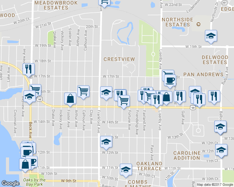 map of restaurants, bars, coffee shops, grocery stores, and more near 1523 Flower Avenue in Panama City